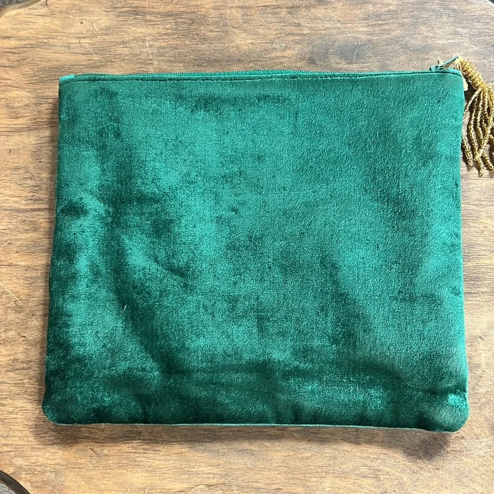 Emerald Green small pouch makeup bag with “s” jeweled and floral
